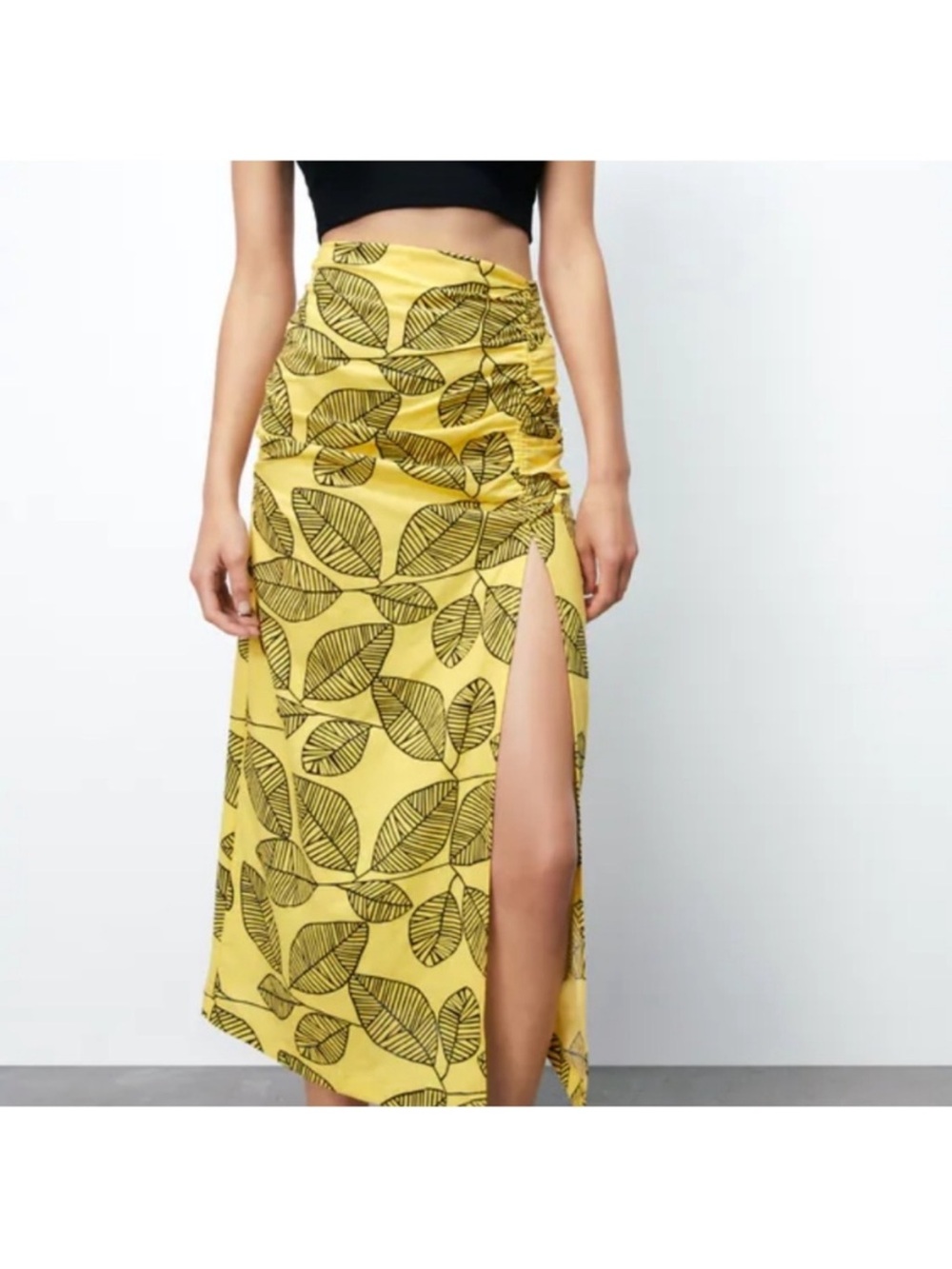 Zara Yellow Leaf-Print Midi Skirt XS